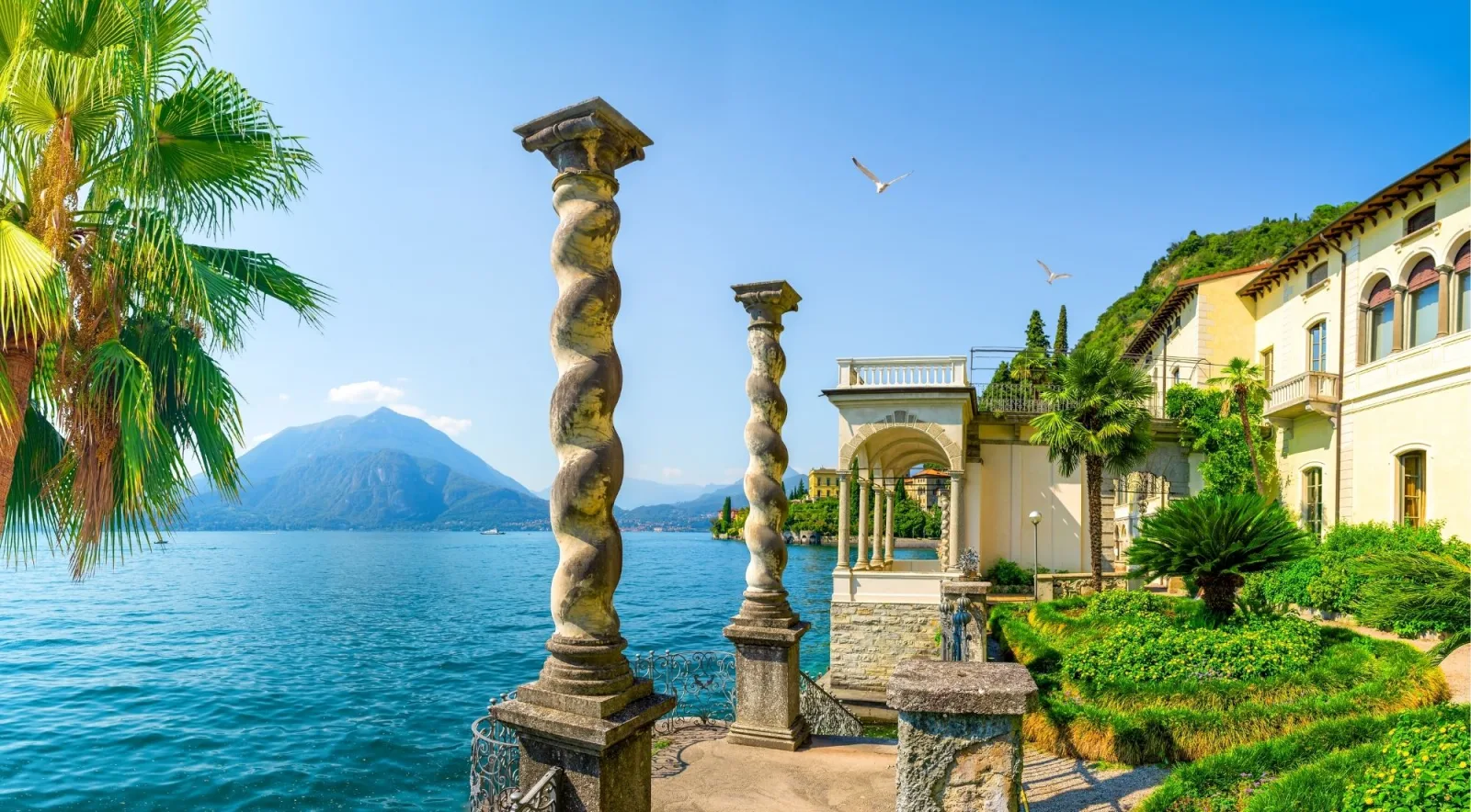 Twisted Solomonic stone columns and the lakeside tempietto at Villa Monastero, Varenna