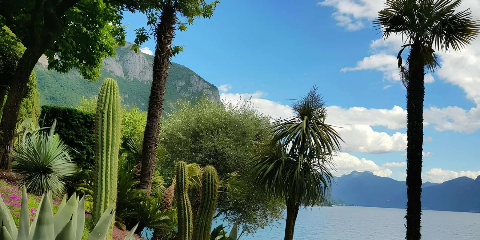 Agave, columnar cactus and fan palms in the Villa Cipressi exotic planting, the lake beyond
