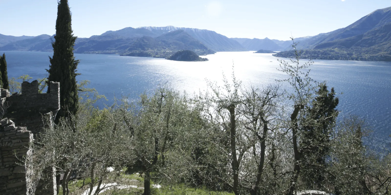 Lake Como and the Bellagio headland seen from the olive grove below the castle walls